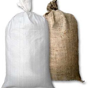 jute/burlap sand bag beside a poly/plastic sand bag