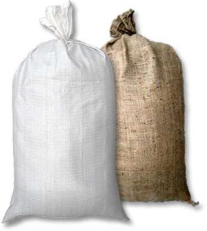 jute/burlap sand bag beside a poly/plastic sand bag